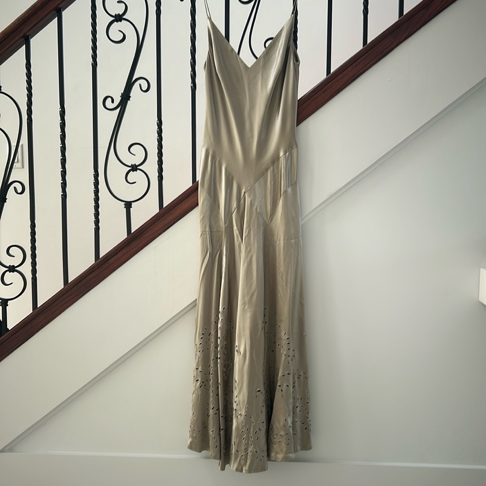 Midi champagne gown, spaghetti strap, v neck, slight plunging back